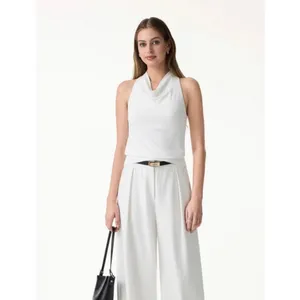 OGL Women Small White Stretch Linen Blend Cowl Neck Tank Top Brand New thumbnail 2