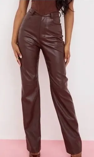 House of CB Inaya Chocolate Brown‎ Stretch Vegan Leather Trousers Size Large thumbnail 1
