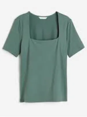 H&M Women's Size XS Square-Neck Top Sage Green Short Sleeve Stretch Soft Fitted thumbnail 1