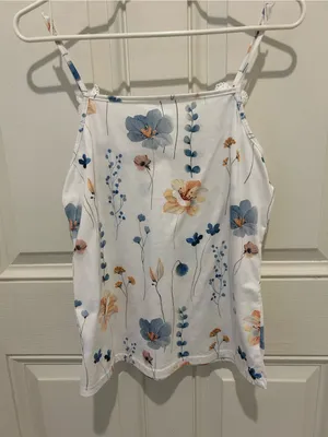 Floral Lace-Trim Camisole Top - White with Blue & Tan Flowers thumbnail 5