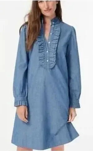 J.Crew Classic Ruffle Front Chambray Dress Sz 2XL XXL Modest Boho Western thumbnail 1