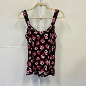 White House Black Market Floral Ruched V-Neck Tank Top Black Pink Size Large thumbnail 2