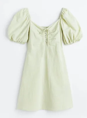 H&M Green dress with puffy sleeves and a tie detail thumbnail 1