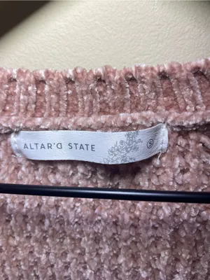 Altar’d State Pink Chenille Cropped Sweater Small Cozy Waffle KnitBalloon Sleeve thumbnail 3