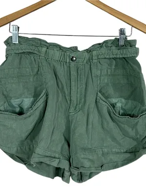 Free People Topanga High-Waist Paperbag Shorts Green Linen Cotton SIZE M MEDIUM thumbnail 2
