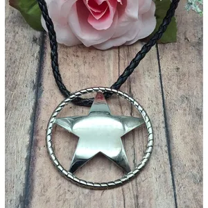 Western Texas Star Brooch Pin Pendant on a Black Faux Cord Collar Necklace 18" thumbnail 2