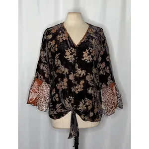 JOHN MARK Floral Velvet Burnout Animal Bell Sleeve Blouse Top Tie Waist Large thumbnail 2