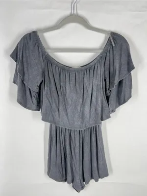 Soprano Gray Ribbed Off-Shoulder Romper‎ thumbnail 2