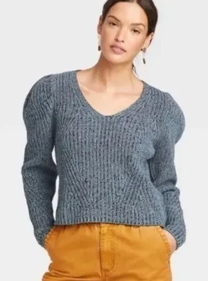 Universal Thread Sweater Dark Gray V Neck Puff Sleeve Knit Winter Size XS NWOT thumbnail 1