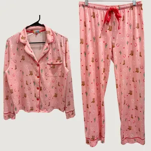 PJ Salvage Whimsy Boot Scootin Pink Pajama Set Western Cowboy Hearts Medium thumbnail 2