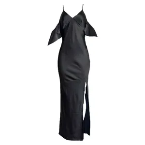 ASTR THE LABEL Kendra Cold Shoulder Satin Maxi Dress, Black, Medium thumbnail 6