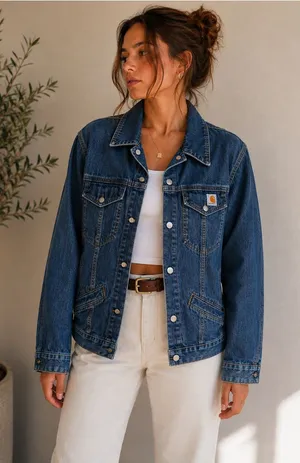 Carhartt Women’s Denim Snap Front Trucker Jean Jacket Blue Workwear Western thumbnail 1