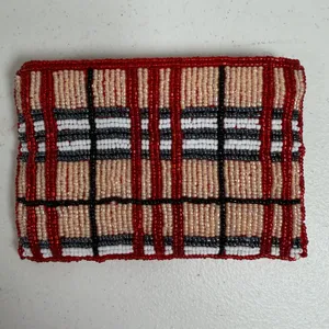 Vintage Coin Purse Plaid Beaded Red Tan White Black Zippered Card ID Pouch thumbnail 3