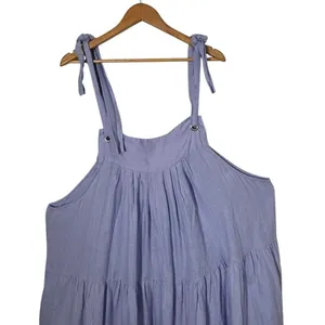 Womens Tiered Tie Should BOHO Pinafore Maxi Dress OS Lavender 100% Linen thumbnail 6