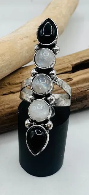 Moonstone & Onyx Sterling Silver Plated Statement Ring Size 6 thumbnail 1
