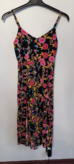 Express Floral Rayon Midi Sundress Black Pink Yellow Slit Smocked Back Women thumbnail 1