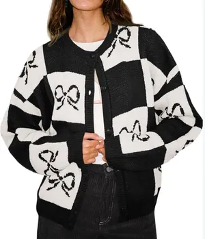 Amazon Black and White Bow-Print Cardigan Sweater thumbnail 1