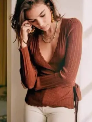 Sezane Brown Ecovero Lenzing Scalloped Knit Solweig Wrap Cardigan Sweater L thumbnail 1
