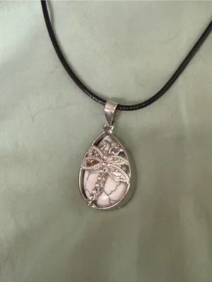 Silver Dragonfly Teardrop Pendant Necklace - Black Cord thumbnail 2