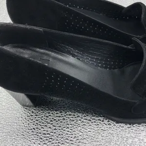 Stuart Weitzman black suede pinhole loafer heels thumbnail 4