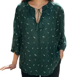 MADEWELL Green Fall Feather Print Tassel Tie Neck 3/4 Sleeve Blouse Small‎ thumbnail 1