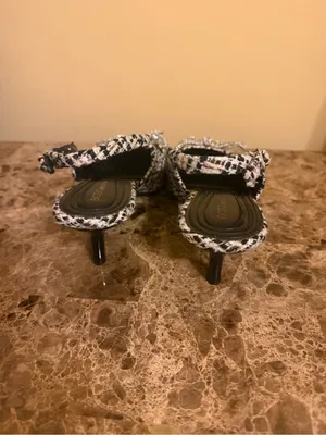 BCBGeneration Black and White Tweed Pointed Slingback Heels with Rhinestone Bow thumbnail 4