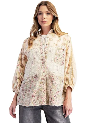 NWT EASEL Women’s Boho Mixed Floral Print Patchwork Button Up Shirt thumbnail 1
