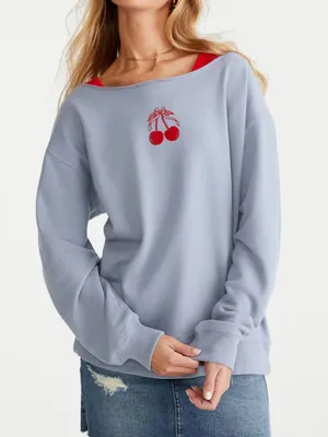 NWT Aeropostale Blue Cherries Off The Shoulder Sweatshirt thumbnail 1