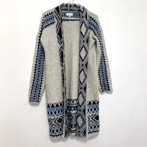 LUCKY BRAND Aztec Open Cardigan Tribal 3rd Piece Multi Navy Blue Boho Duster S thumbnail 2