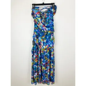 Lulus Jeniah Blue Multi Abstract Print Drop Waist Maxi Dress Formal Medium NWT thumbnail 13