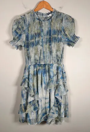 Olivaceous Tie Dye Smocked Mini Dress Womens Small Blue Ruffle date fairycore thumbnail 1