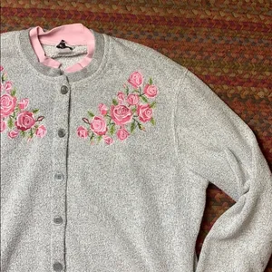 Vtg Rose Embroidery Grey Terrycloth Cardigan Button Up Grandma Sweater thumbnail 2