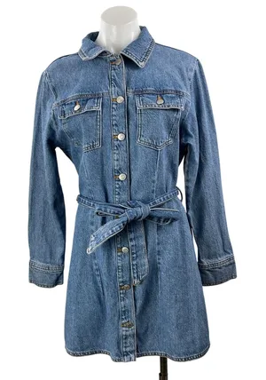 Zara Women's Blue Long Sleeve Tie Waist Button Up Denim Jean Shirt Dress Size L thumbnail 1
