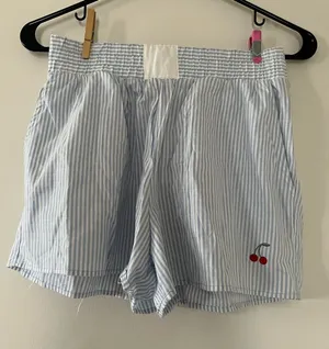 Blue White Striped Cherry Pajama Shorts Womens Small Cotton Coquette Coastal thumbnail 1