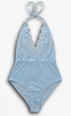 Light Blue Lace Halter Bodysuit Sheer Mesh‎ Floral Lingerie Teddy Small thumbnail 1