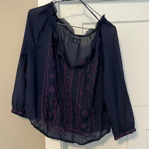 American Eagle Outfitters Navy Ruffled Embellished Blouse thumbnail 1