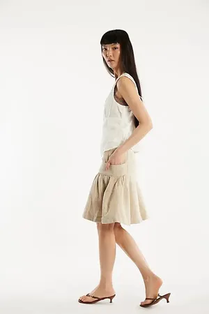 Free People Neutral Beige Textured linen and cotton A-Line Ruffle Skirt thumbnail 3