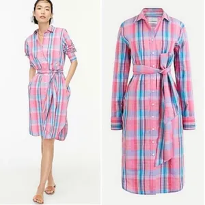 J. Crew Pink Blue Madras Plaid Cotton Shirt Dress Long Sleeve‎ AW560 Womens 2 thumbnail 2