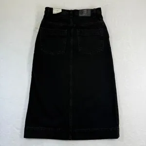 Free People We The Free Black Denim Midi Skirt Front Slit High Rise‎ Size 24 NEW thumbnail 16