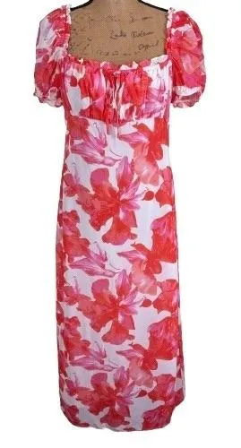 Wayf Felicity Midi Dress Pink Red Tropical Floral Milkmaid Puff‎ Sleeve Medium thumbnail 1