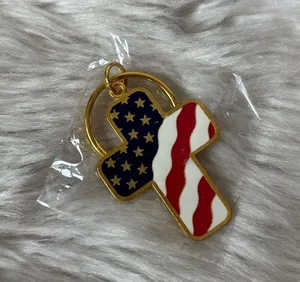 American Flag Gold Tone Cross Keyring Blue thumbnail 1