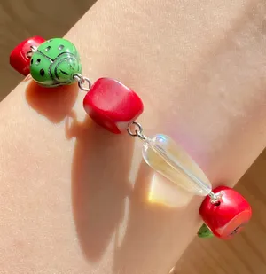Handmade whimsical Kawaii unique ladybugs Czech glass beads bracelet🐞💚 thumbnail 3