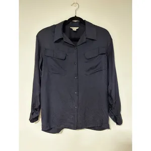 Alex & Amy Womens Navy Blue 100% Silk Jacquard Long Sleeve Button Down Blouse S thumbnail 4