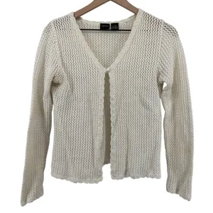 Vtg Xhilaration Cream Open Knit Crochet Cardigan Sweater Women L Ramie Airy Boho thumbnail 1