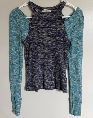 We The Free People Cold Shoulder Ribbed Knit‎ Space Dye Top Blue Purple Small thumbnail 1