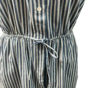 Japna 100% Cotton Blue White Striped Elastic Waist Mini Dress Pockets Medium thumbnail 4