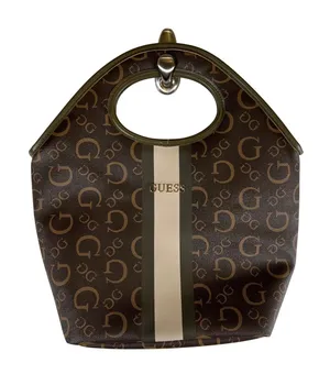 Guess Monogram Cutout Handle‎ Tote Bag Brown Olive Green Logo Print Lunch Bag thumbnail 1
