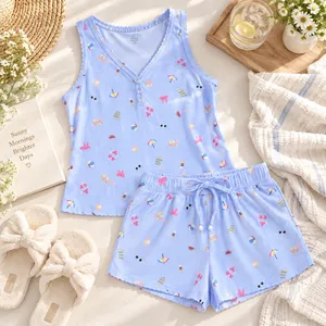 Way to Celebrate Women Blue Pointelle Pajama Set Summer Beach Print Small 4-6 thumbnail 3