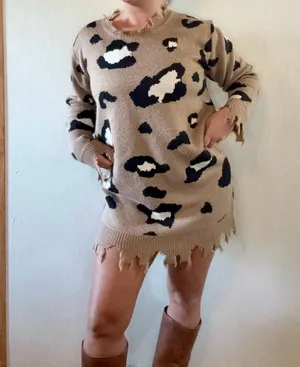 ee:some Leopard Print Distressed Oversized Sweater Tunic M/L thumbnail 2