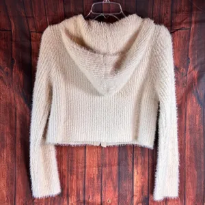 Bailey Rose Hooded Cropped Fuzzy Sweater‎ Cream Zip up Women's Size L thumbnail 2